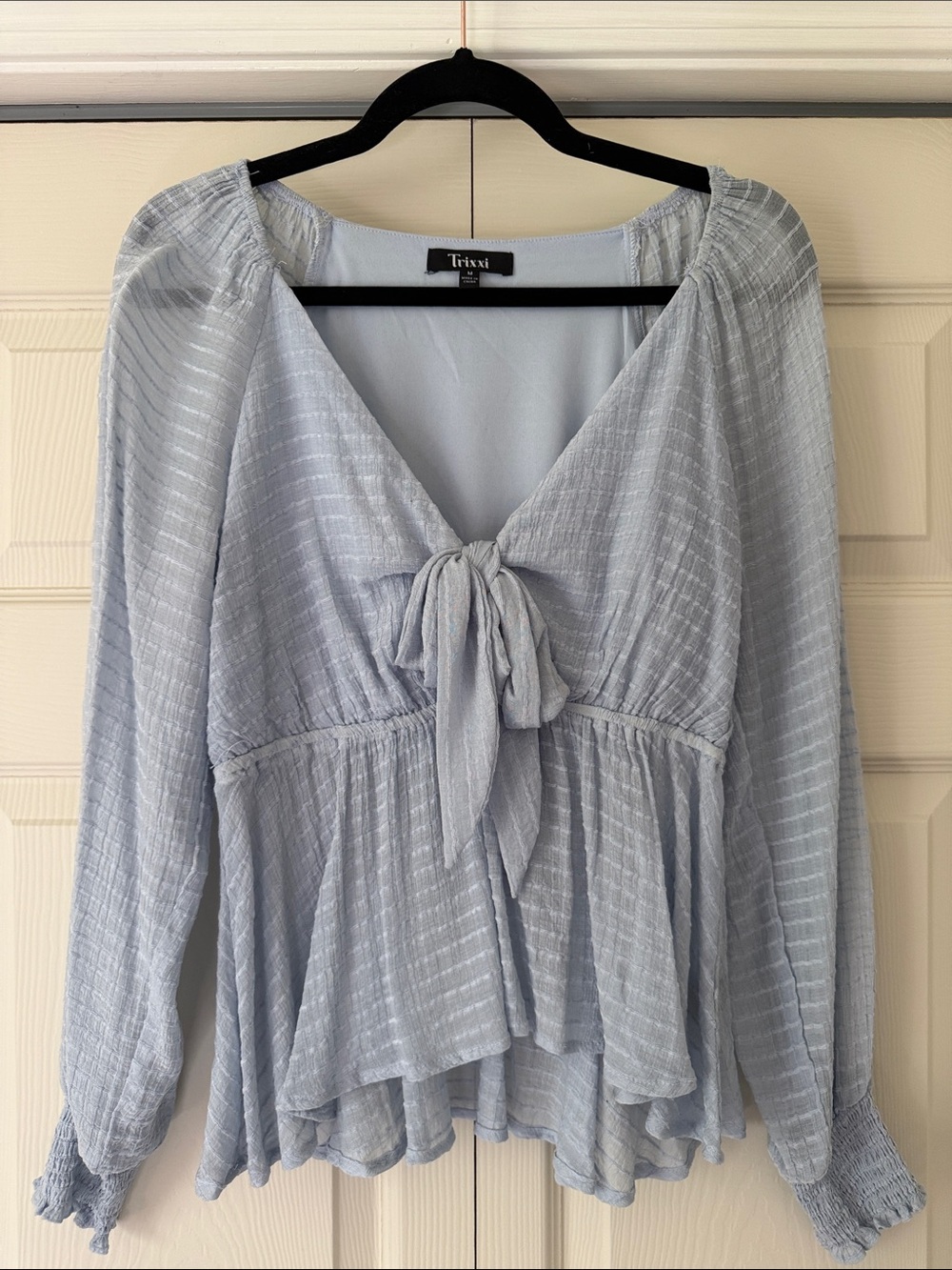 Fall Blouse 🍂 Pale Blue Tie-Front Peplum Blouse